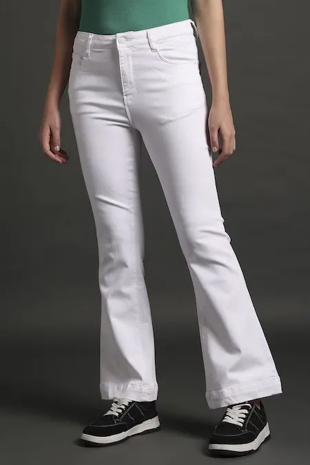 White Solid Full Length Casual Women Flared Jeans